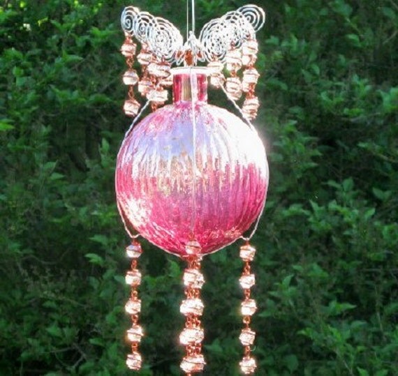 Hanging Glass Gazing Ball with Copper Wrapped Marble Prisms