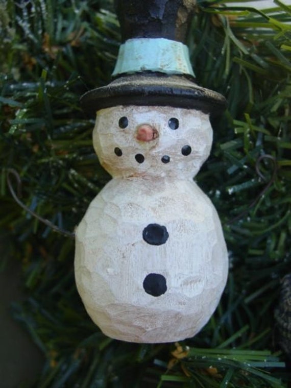 Hand Carved Mini Snowman W/ Wire Arms