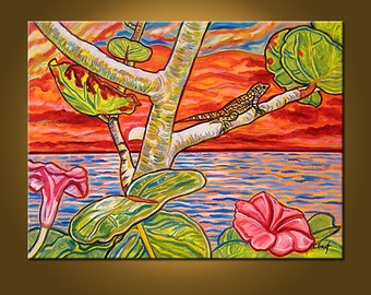 SALE -- Tropical Sunset -- 18 x 24 inch Original Oil Painting, OOAK, Ready to HANG -- Art Painting, Art & Collectibles