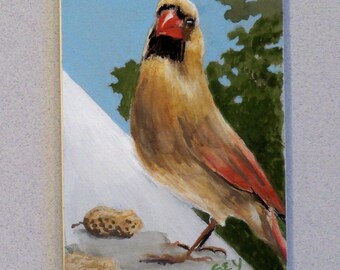 Original ACEO Watercolor Painting - Birds - Female Cardinal - 2 1/2" x 3 1/2" - Artist Trading Cards - Art Cards - Wildlife Art