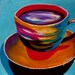 Whimsical multi color Coffee cup heart r original acrylic canvas board 9"x12"