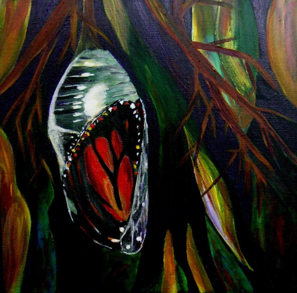 butterfly nesting cocoon treegreen orange red by ninaswindow