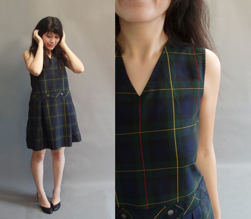 80s vintage plaid print school uniform mini jumper dress