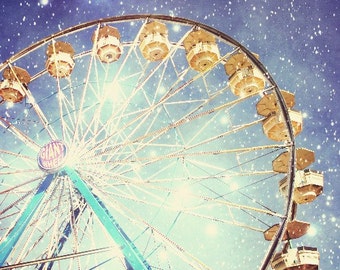 Fine Art Photography | Carnival Photography | Ferris Wheel | Stars | Sparkly Lights | Indigo Blue | Night Sky | Nursery Room Decor