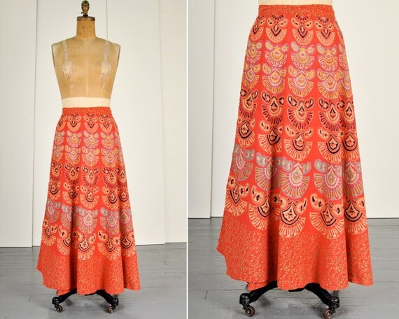 vintage 1970s INDIA COTTON PRINT long maxi wrap skirt