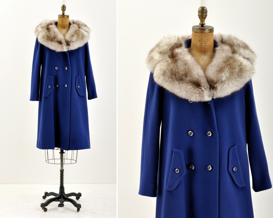 vintage ROYAL BLUE fur trimmed coat by maevenvintage on Etsy