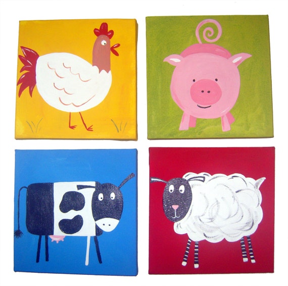 4 Farm Animal Canvases / Children's Art / Painting