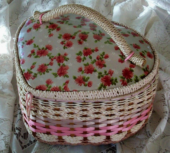 Vintage Pink Heart Shaped Wicker Sewing Basket lined w Rose