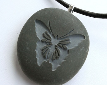 BUTTERFLY Necklace - Double sided engraved beach pebble jewelry