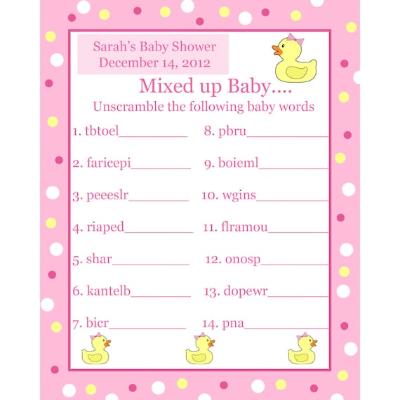 name baby shower game a-z Shower Personalized Cards Scramble Word Pink Game Baby 24