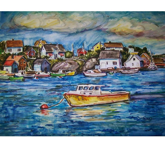 Fishing Village 11x15 original watercolor landscape painting