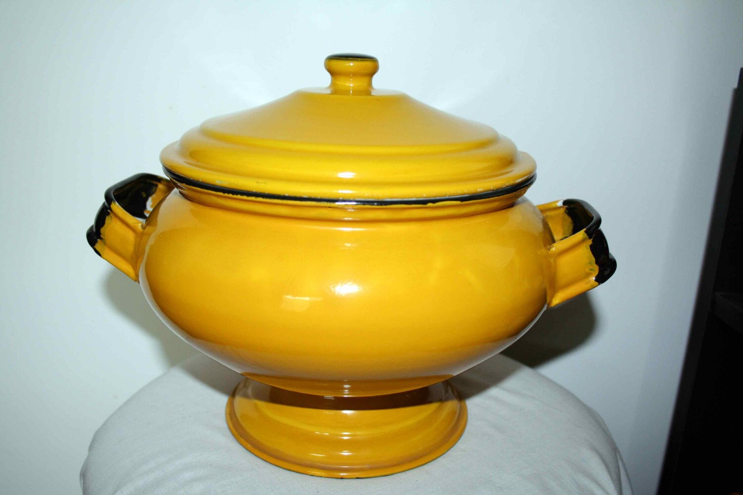 Vintage Yellow Enamel Soup Tureen with Ladle