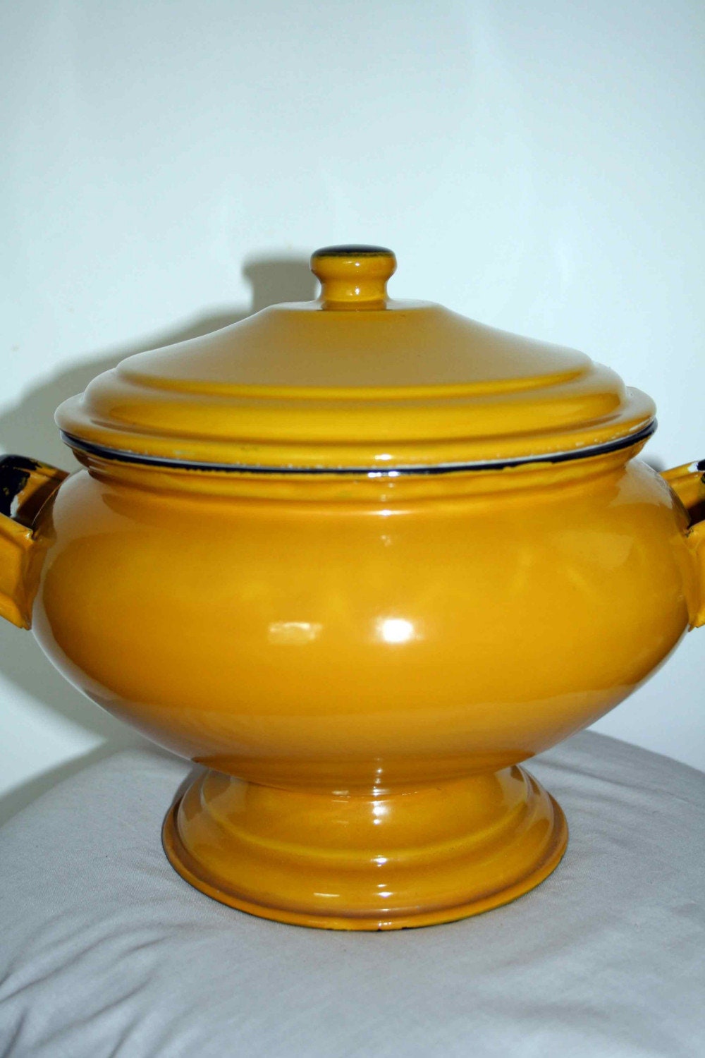 Vintage Yellow Enamel Soup Tureen with Ladle