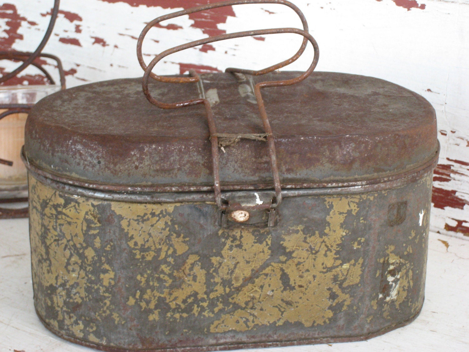 Antique Metalware Tin Oval Lunch Box Pail