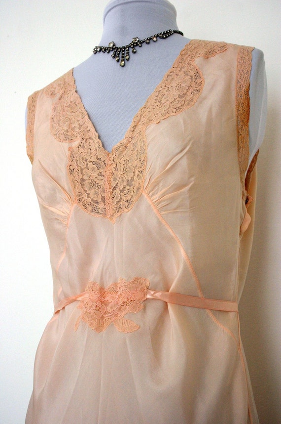 Items similar to Exquisite 20s Silk Full Slip Dress, Peach, Flapper, Tea Length  Vintage 