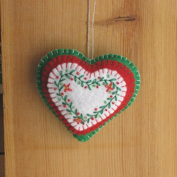 Ornament Embroidered Beaded Heart Christmas by Elibet on Etsy