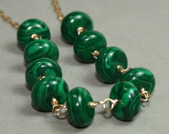 Malachite Necklace, Green Beaded Necklace, Gold Link Necklace, Green and Gold Necklace, 20 inche Necklace, Green by Maggie McMane Designs