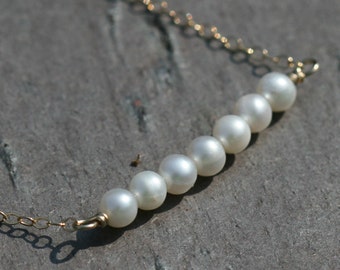 Pearl Necklace, Beaded Bar Necklace, Pearl Row Necklace, Gold Necklace, Delicate, Beaded Pearl Necklace, 18 in, Maggie McMane Designs