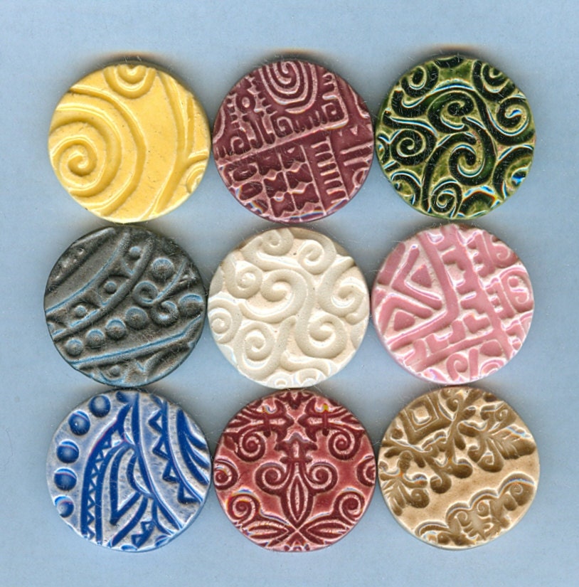 9 colorful handmade round embossed ceramic tiles