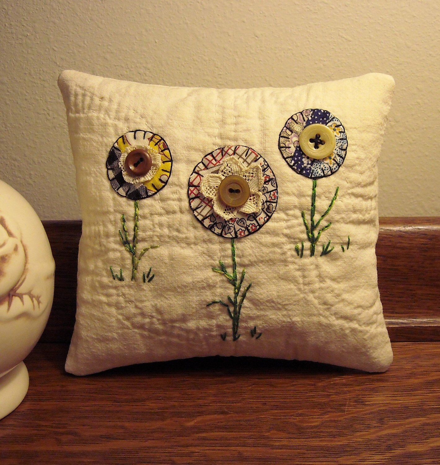 Primitive Folk Art Fabric Art Flower Pillow on Vintage Quilt