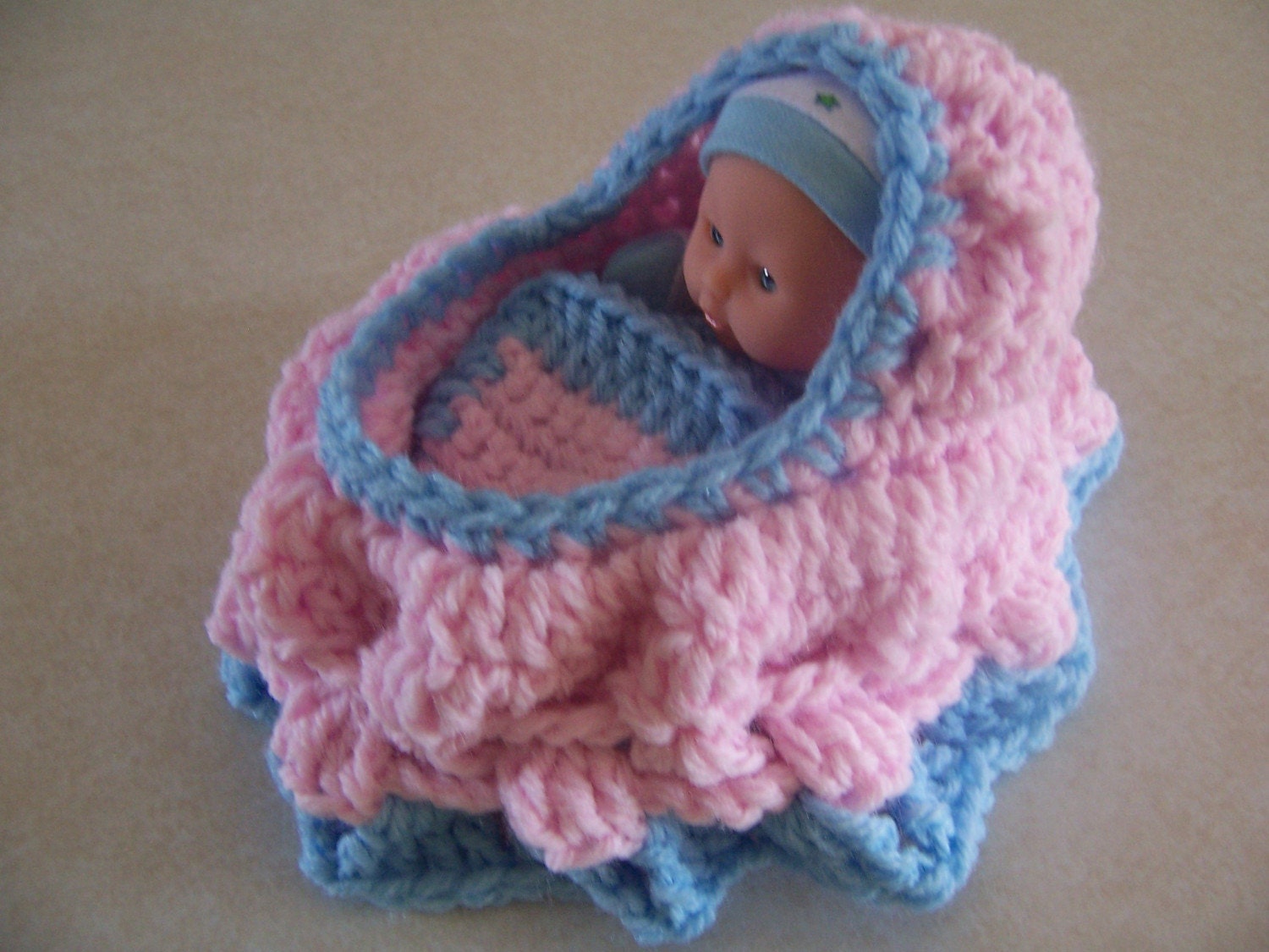 Crocheted Cradle Purse with Doll and Blanket Pink with baby