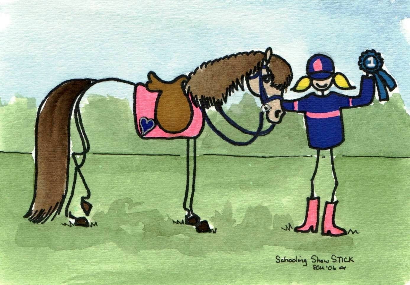 STICK HORSE art little girl Pony Club schoolie wins ribbon