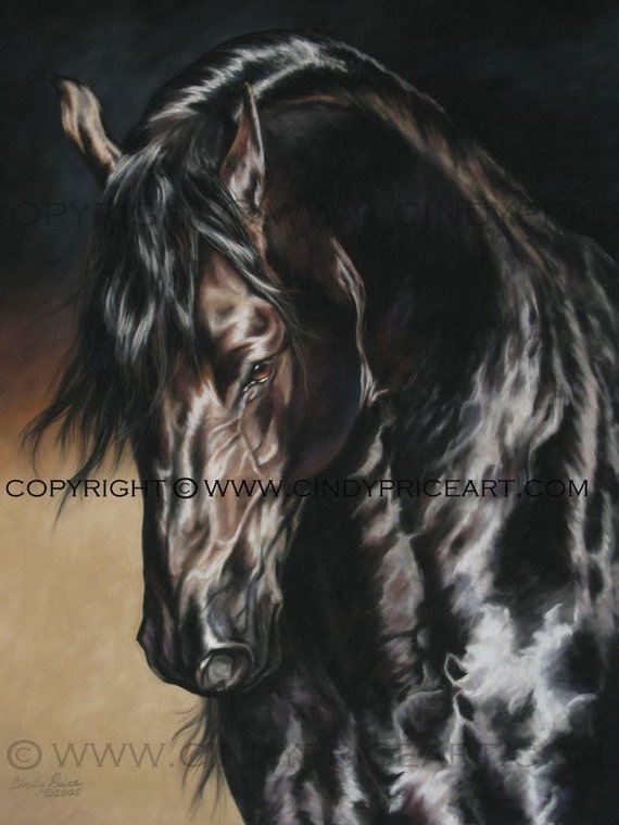 Friesian Black Horse Print of pastel painting. Equine art by