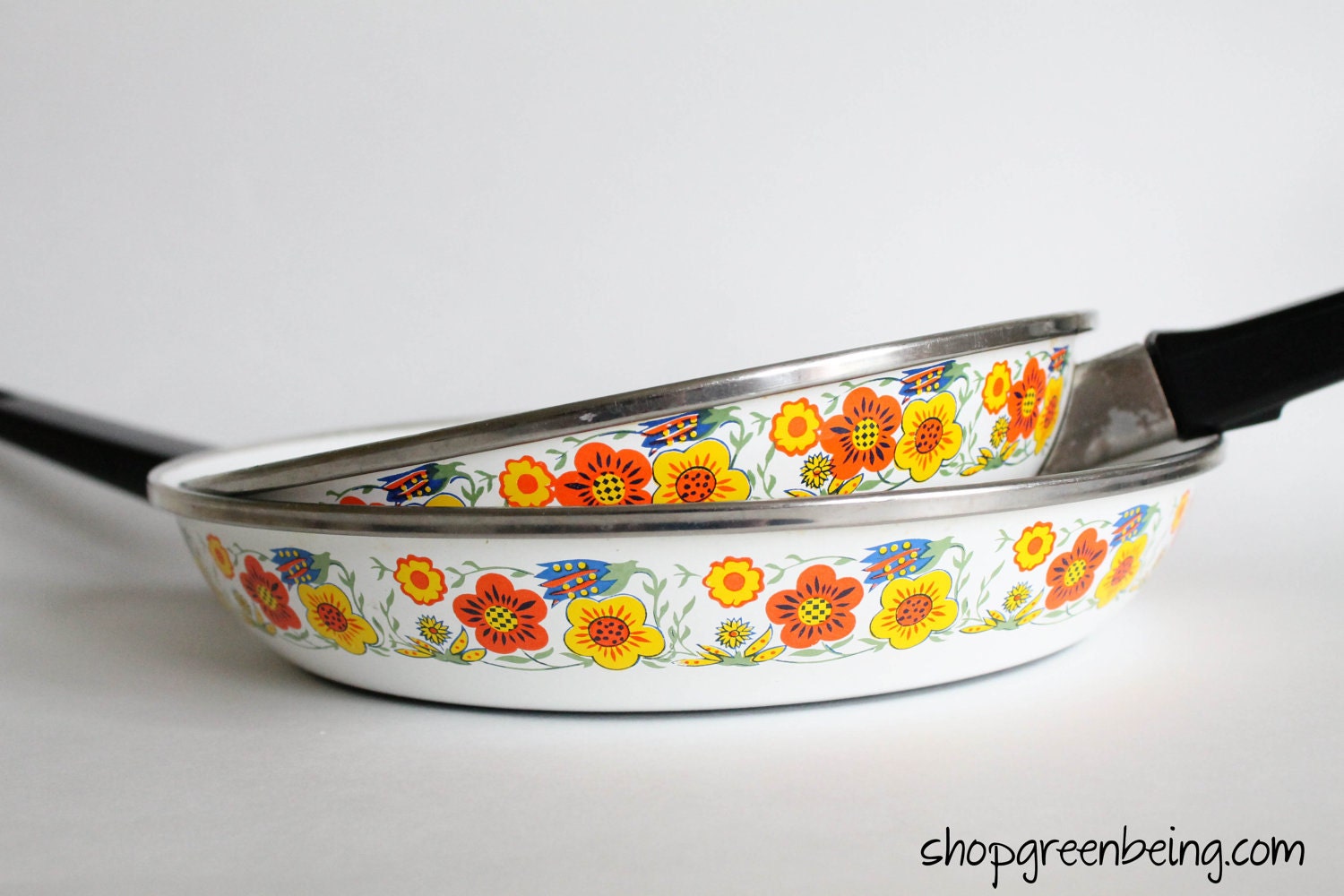 7 Piece Vintage Enamel Set. Flower Pots and Pans.