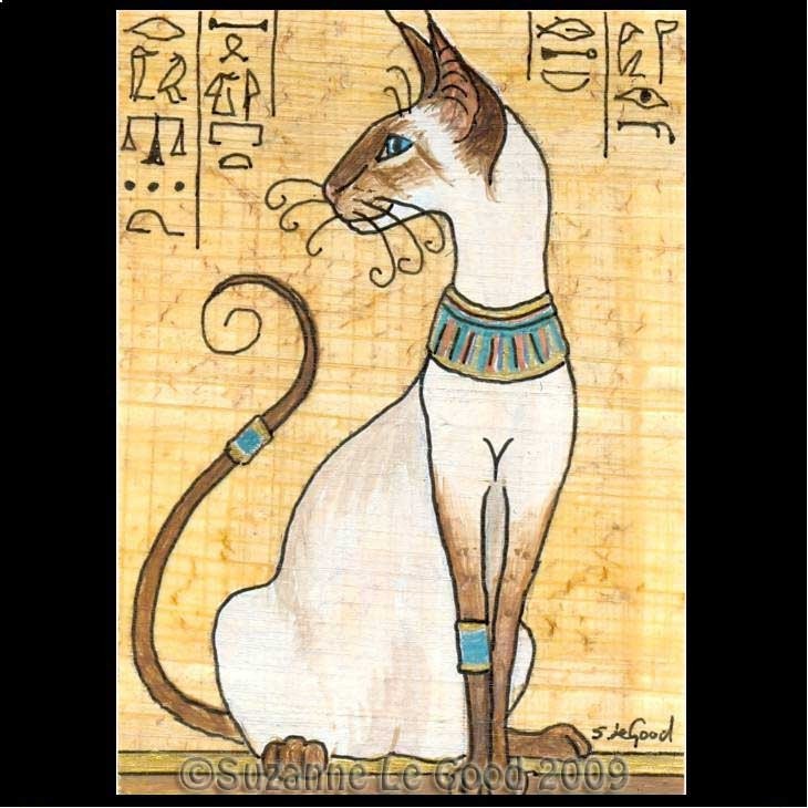 HANDPAINTED WATERCOLOUR SIAMESE CAT ACEO ON EGYPTIAN PAPYRUS