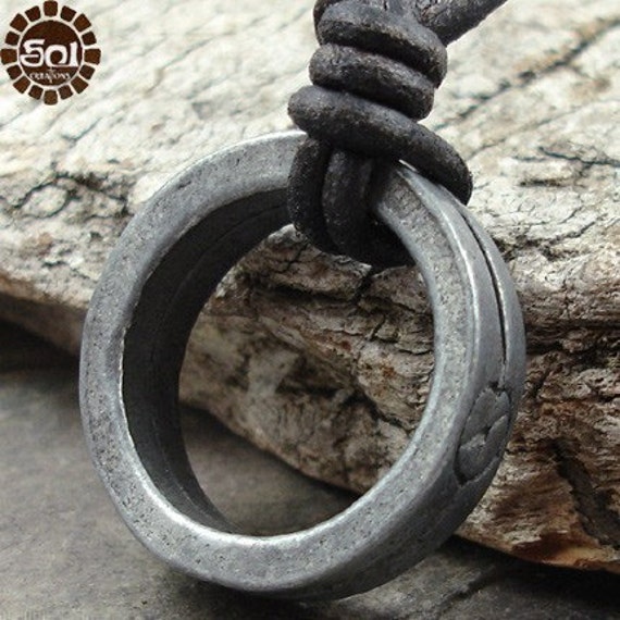 Mens Leather Cord Necklace w/ Pewter Ring Pendant