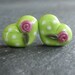 Lampwork beads 759 Hearts Pair (2) Lime Green with Polka Dots and Pink Roses