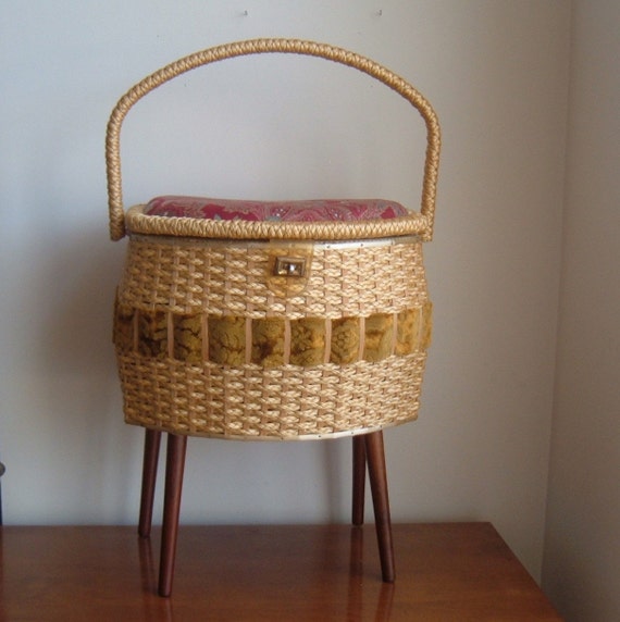 vintage sewing basket with four wood legs
