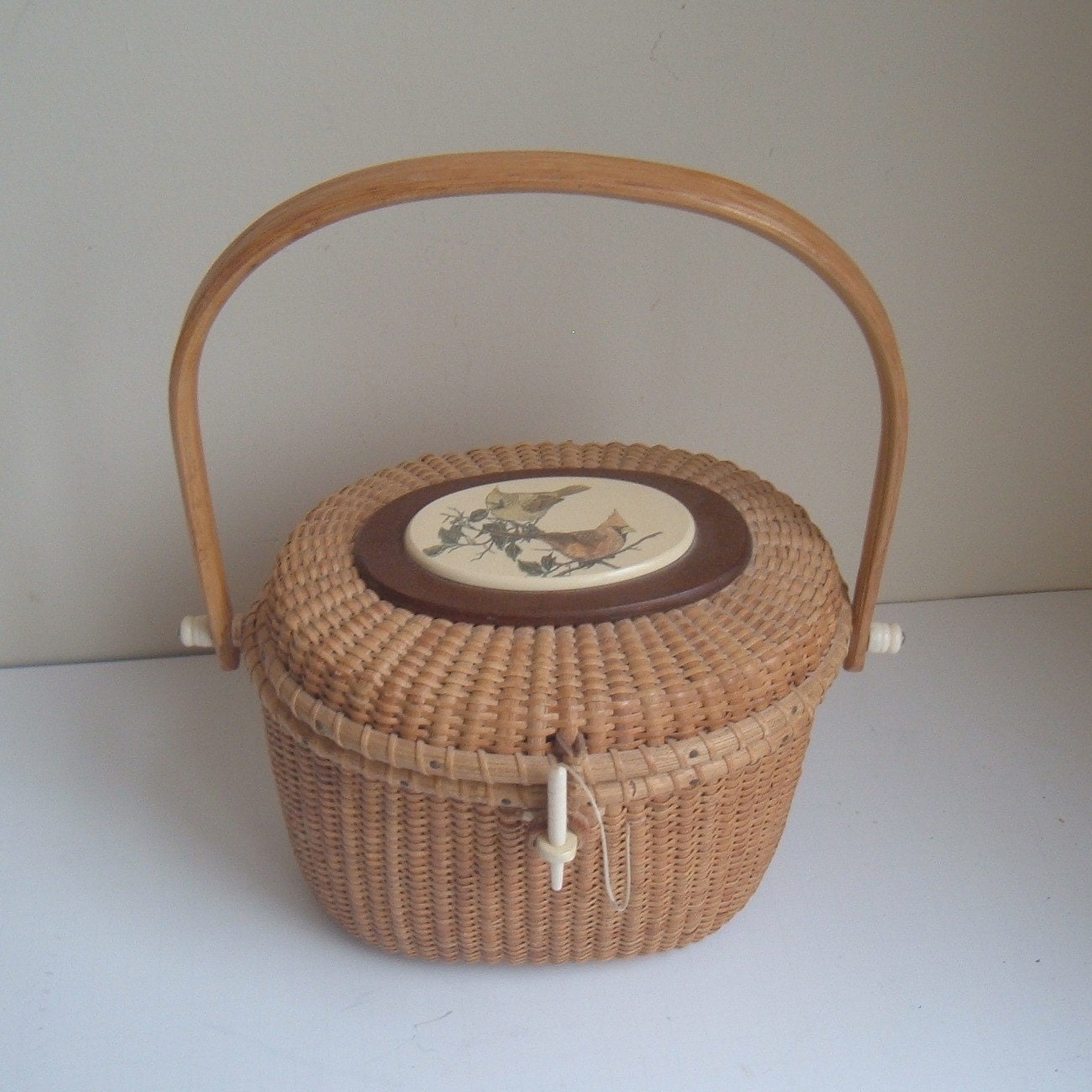 vintage Nantucket basket purse with painted birds