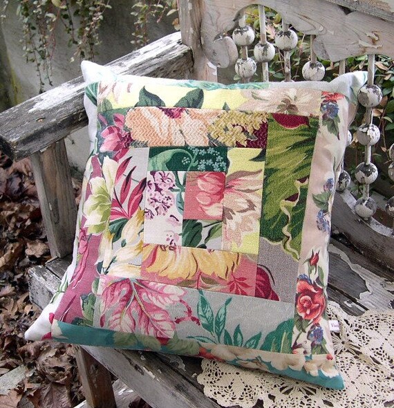 Vintage Barkcloth Log Cabin PILLOW COVER