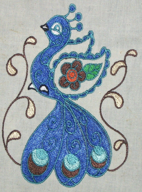 Fancy Peacock embroidered on waffle weave towel
