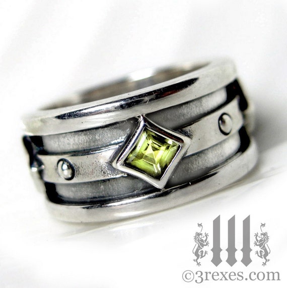 Mens Silver Moorish Gothic Wedding Ring, Green Peridot Stone, Sterling ...