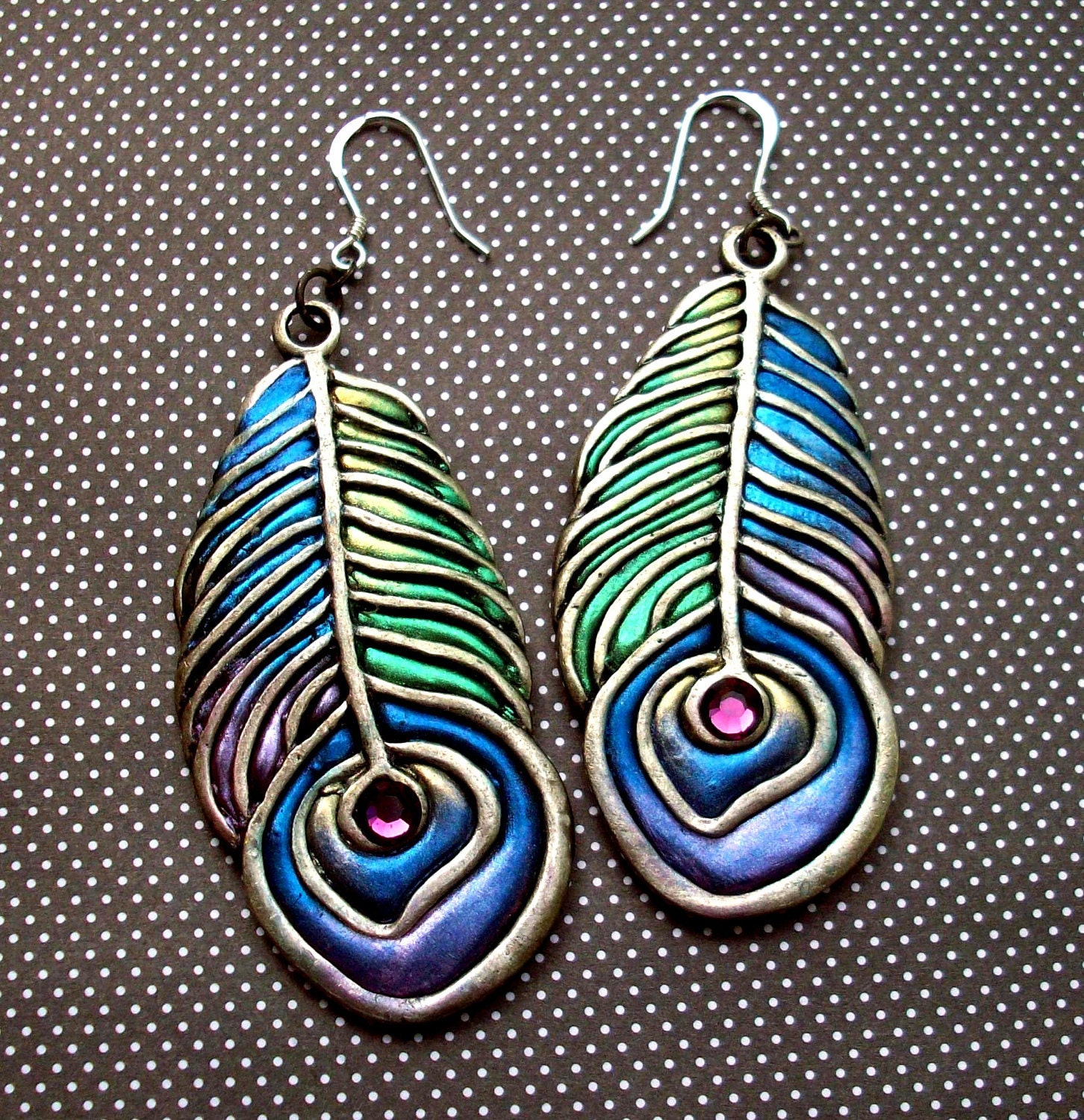 Peacock Feather Dangle Earrings Sterling Silver Wires