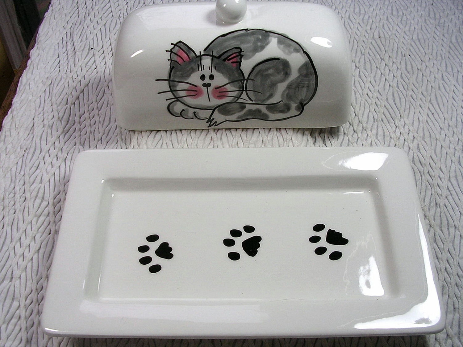 Grey Tabby Cat On Ceramic Butter Dish by GoodNiteGracie on Etsy