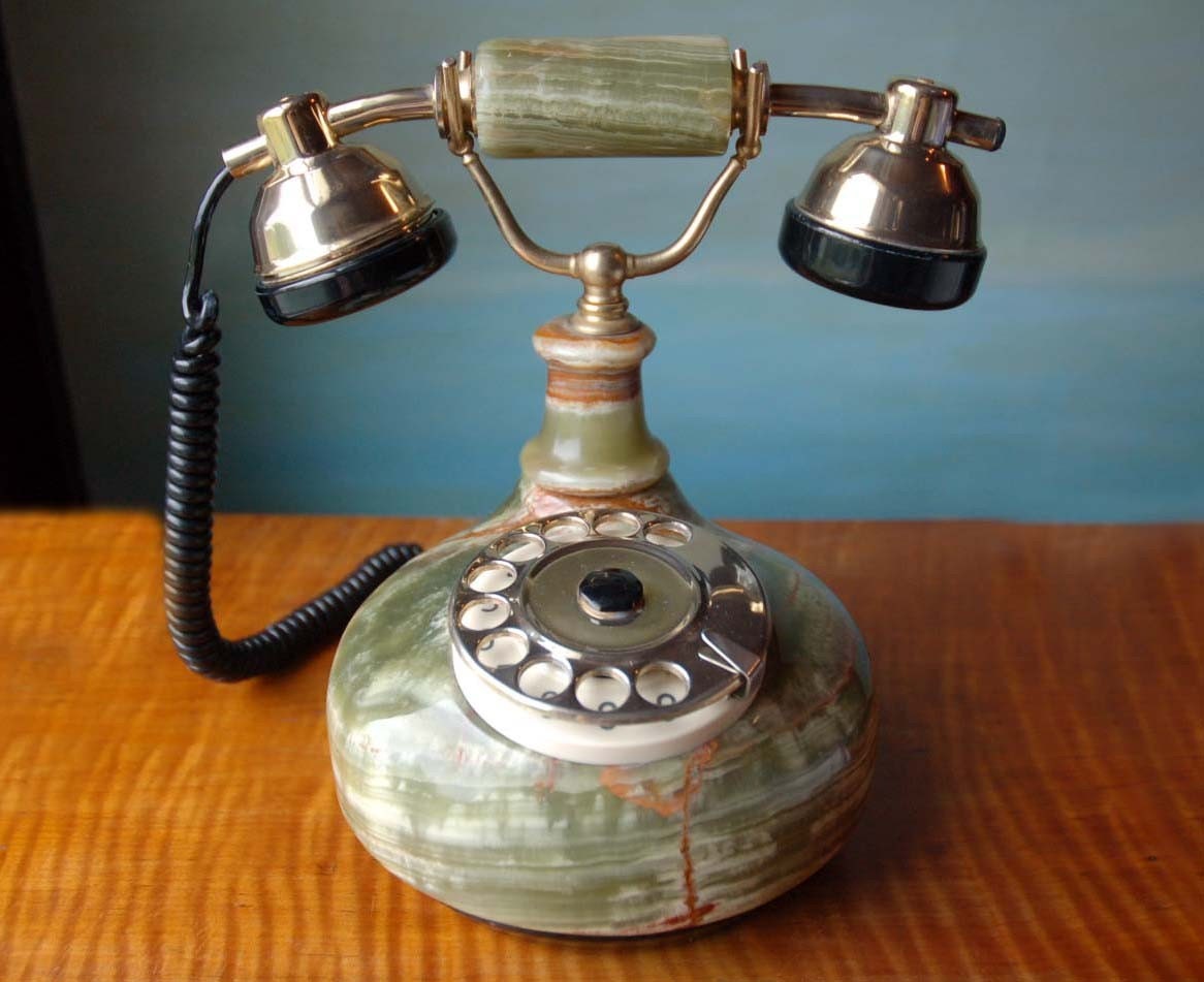 Marble Telephone. Vintage Green Princess Phone w Gold Detail