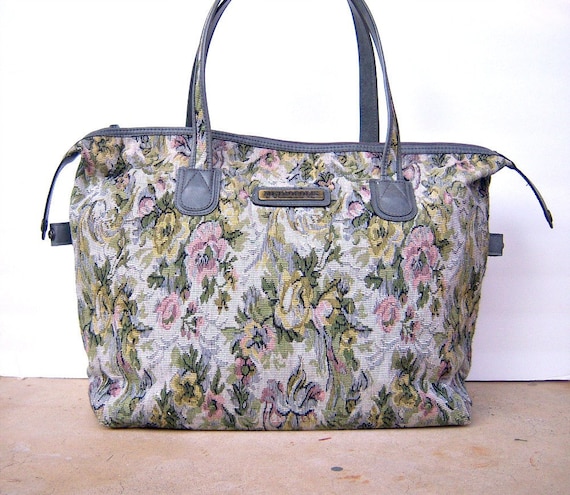 Vintage gray floral tapestry tote // large carry by dahlilafound