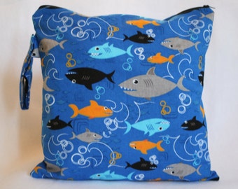 Wet Bag,Daper bag, Bag for Cloth Diapers, Waterproof Wet Bag , Wet Beach Bag, Baby Boy gift -Shark Boy