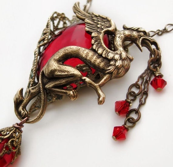 Red Dragon Necklace Mythical Gryphon or Griffin Creature
