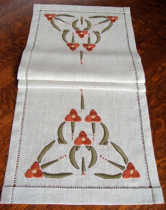 Hand Embroidered Table Runner Arts and Crafts Mission Style