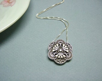 Antique Silver 1900's Vintage Inspired Metal Button with 925 Sterling Silver Necklace