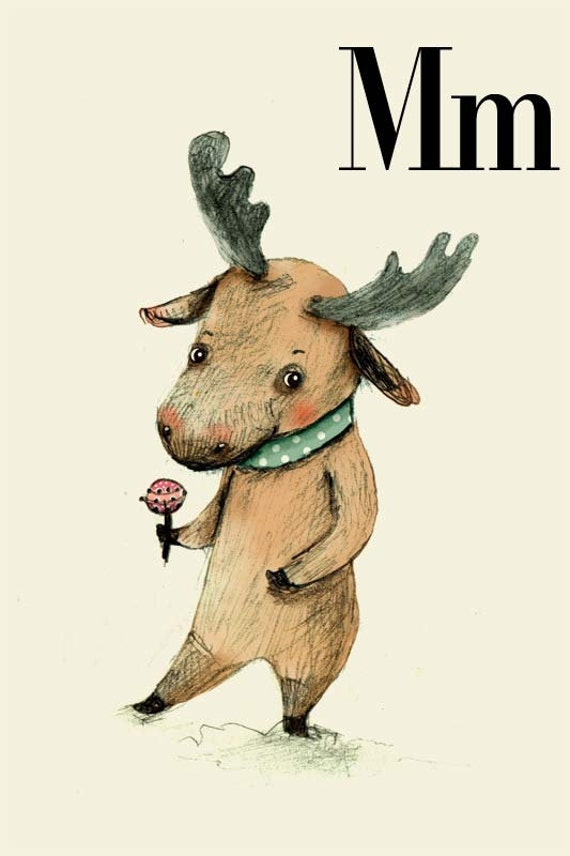 M for Moose - 6x8 - Alphabet art - Alphabet Letters - Baby Zoo Animals ...