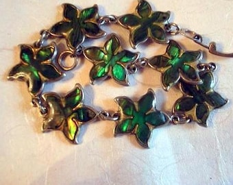 Vintage Sterling Silver And Emerald Green Abalone Flower Bracelet - 7 Inches or 18cm -- Taxco Sterling Silver