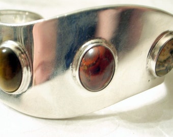 Vintage Sterling Taxco Cuff Bracelet SALE In Sterling Silver With Agate, Jasper And Tiger Eye - Mexico Mid-Century Modernist Wave Design