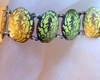 Vintage Sterling Bracelet - 7.5 Inches or 19cm - Lemon Yellow Enamel On Sterling Silver - Fairy Goddess - Siam Silver