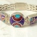RESERVED Deco Bracelet - Modernist Mid-Century- Inlaid Turquoise And Coral Geometric Tribal Design - Silver - 7 Inch Wrist