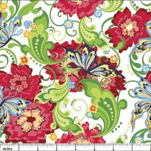 Rhapsody Butterflies and Flowers Red Green Fabric by fabricfreak43